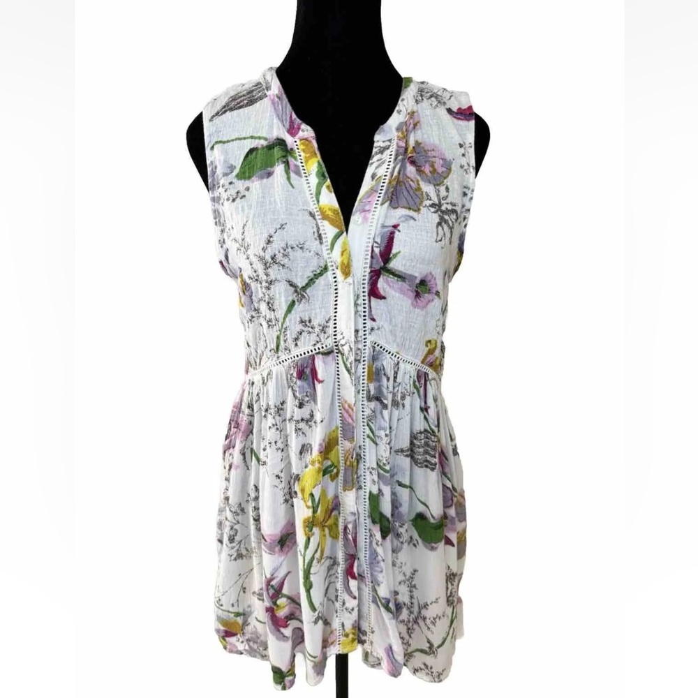 Anthropologie Nia S Tunic Top White Floral Print Ladder Lace Sleeveless Cottage
